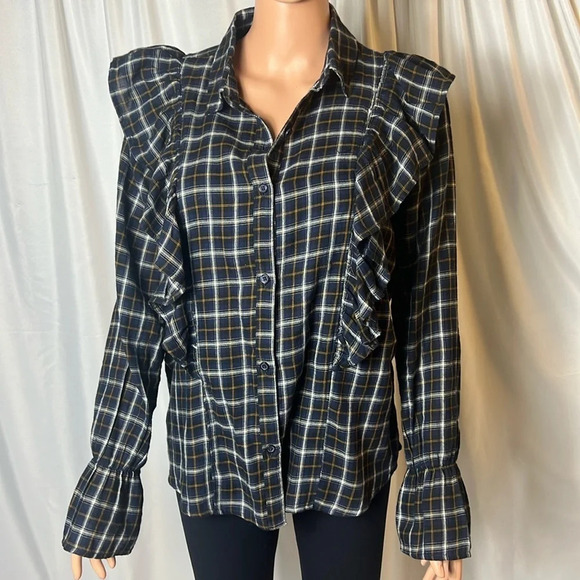 Abound Flannel Button Down Plaid Size M with Ruffles Long Sleeve - Picture 1 of 9